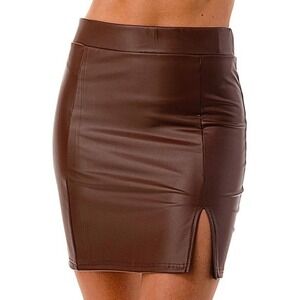 Sexy‎ Brown Faux Leather Mini Skirt Side Slit High Waist Bodycon Size Medium